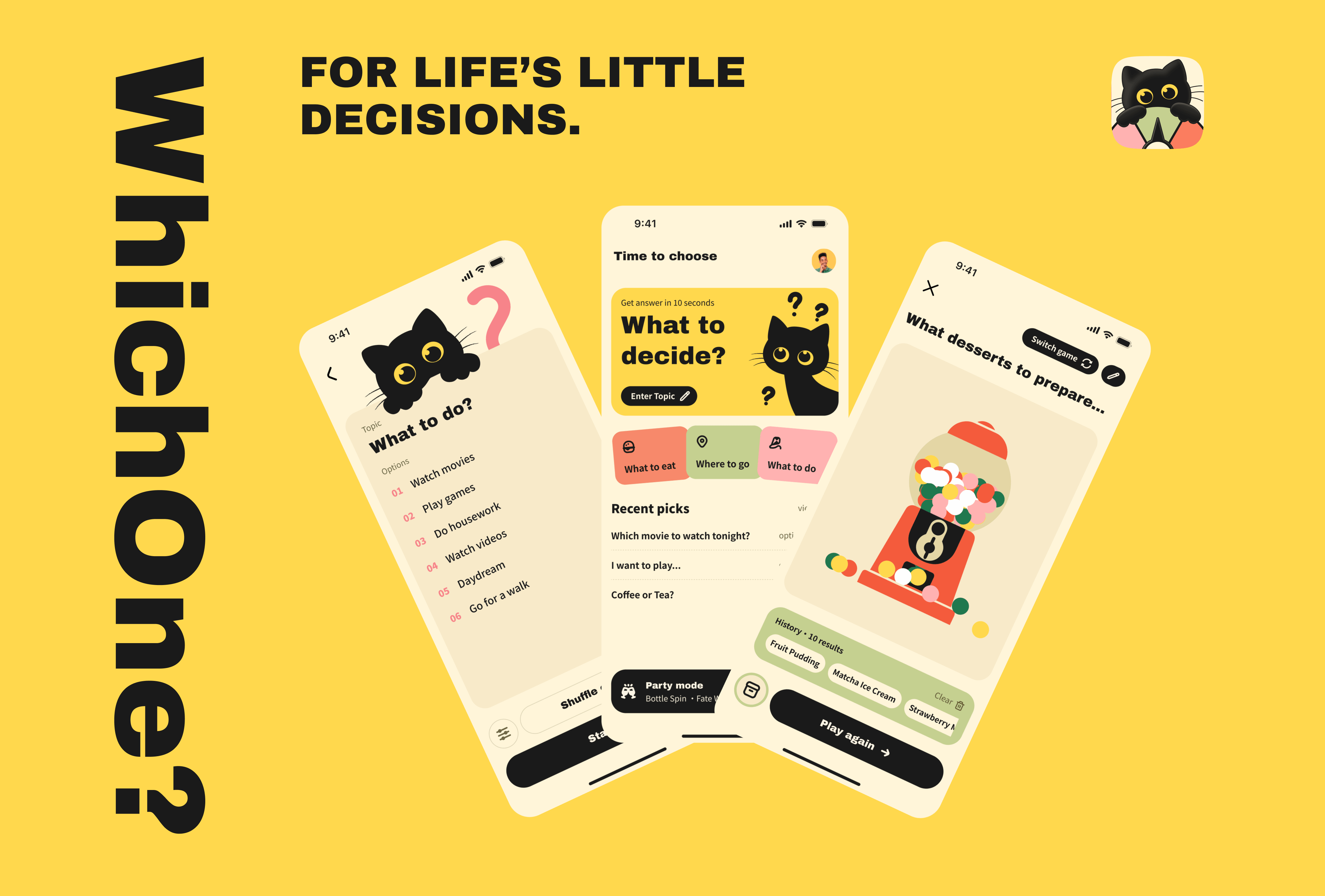 WhichOne app screens and black cat visual identity