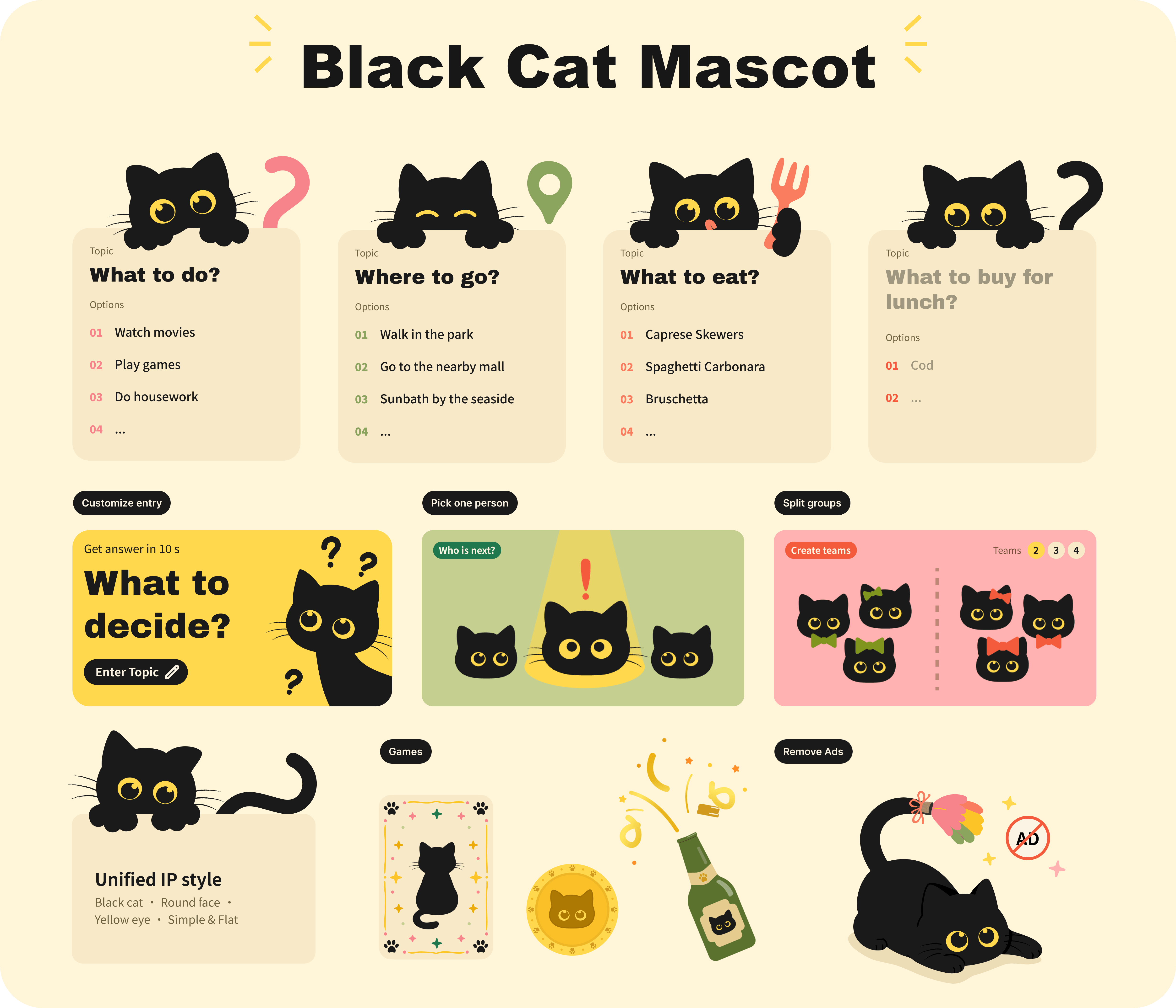 WhichOne black cat mascot system across topics, games, team assignment, cards, coins, and remove-ads visuals
