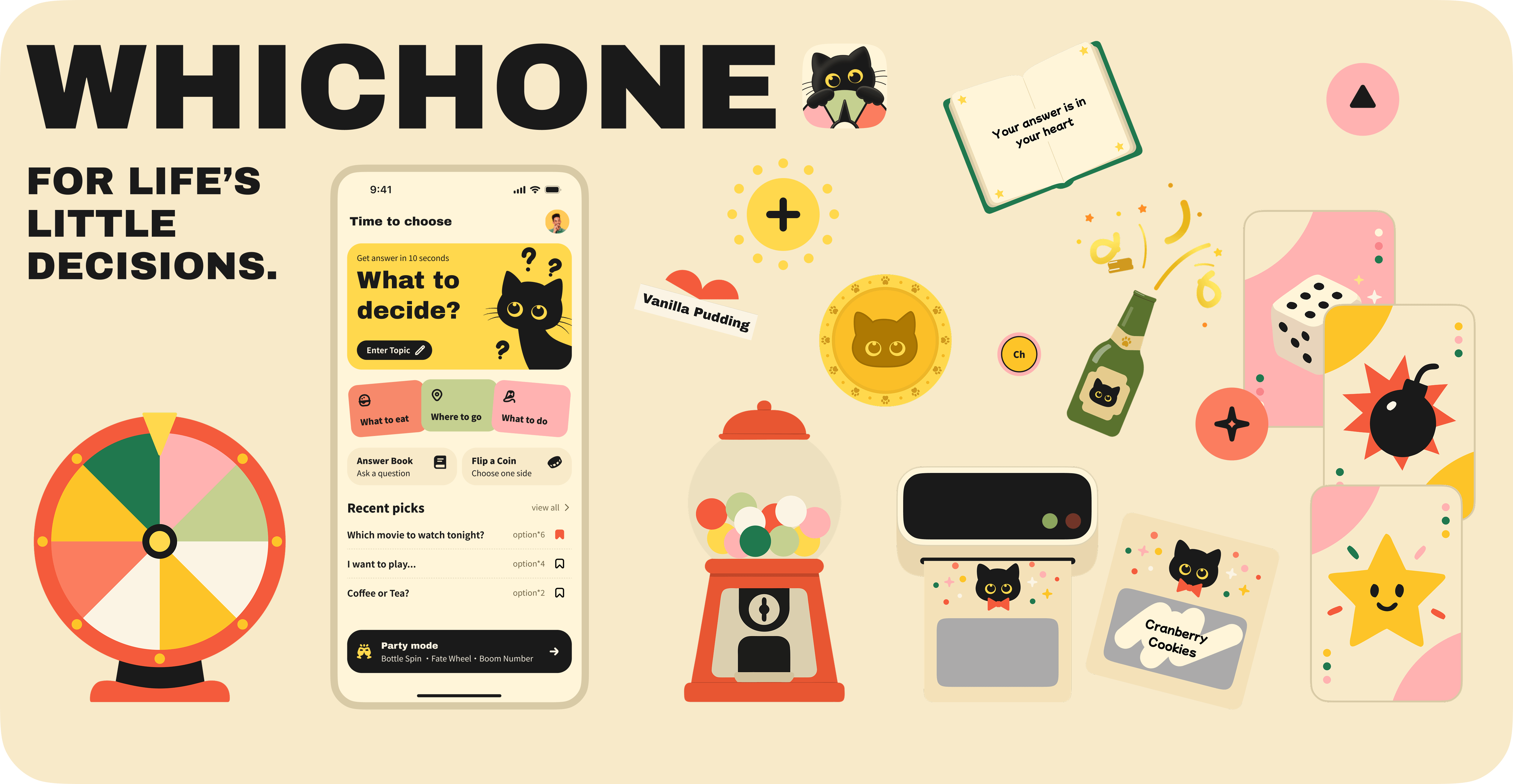 WhichOne game collection with wheel, cards, capsules, dice, coin, and decision screens